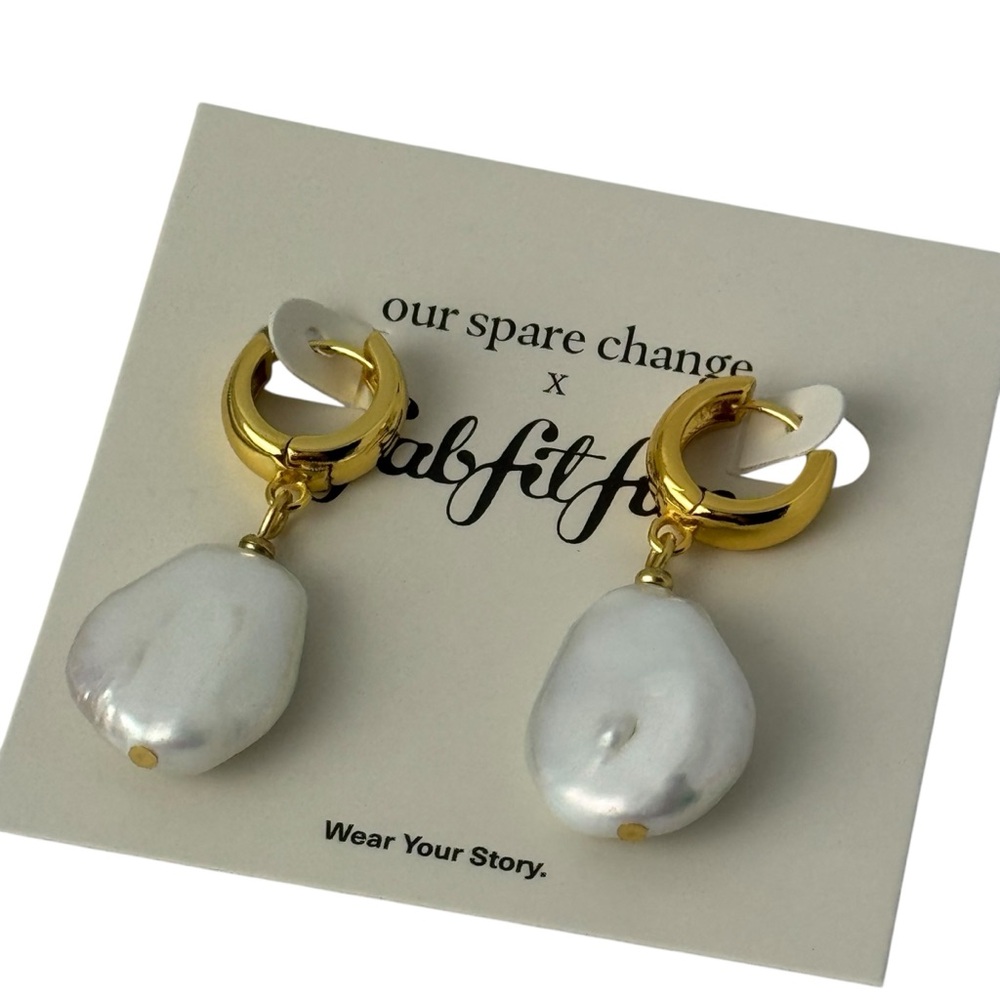 Our Spare Change x Fab Fit Fun Gold Plated Huggie Pearl Drop Earrings NEW